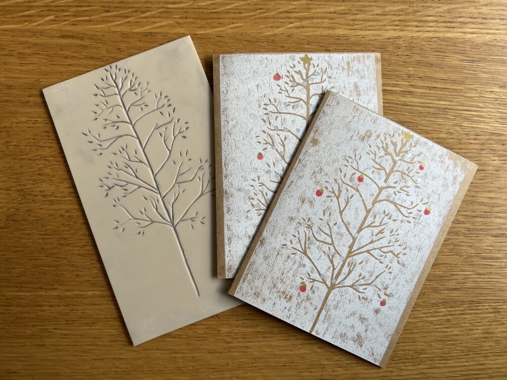 lino tree print and holiday cards